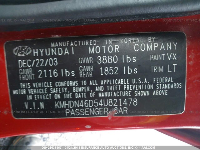 KMHDN46D54U821478 - 2004 HYUNDAI ELANTRA GLS/GT RED photo 9