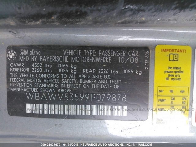 WBAWV53599P079878 - 2009 BMW 328 XI SULEV SILVER photo 9