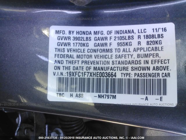 19XFC1F7XHE003664 - 2017 HONDA CIVIC EXL GRAY photo 9