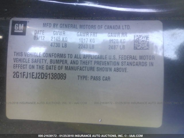 2G1FJ1EJ2D9138089 - 2013 CHEVROLET CAMARO SS Gris foto 9