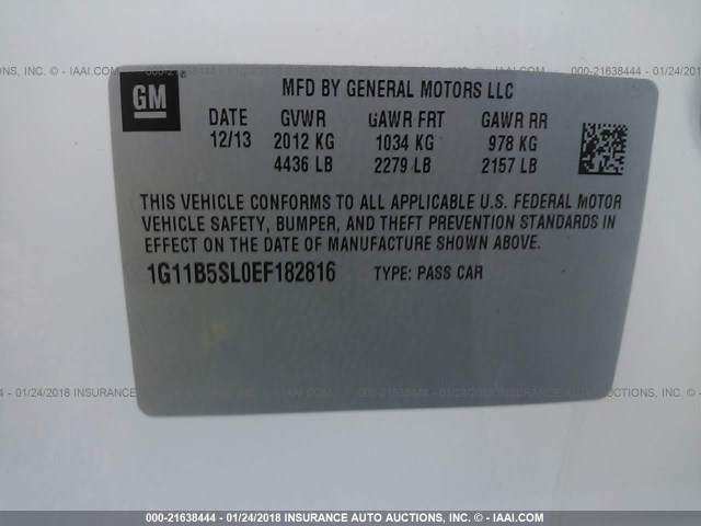 1G11B5SL0EF182816 - 2014 CHEVROLET MALIBU LS 白色 照片 9