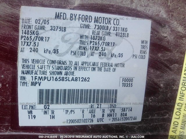 1FMPU16585LA81262 - 2005 FORD EXPEDITION XLT RED photo 9