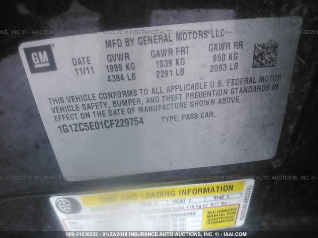 1G1ZC5E01CF229754 - 2012 CHEVROLET MALIBU 1LT 黑色 照片 9