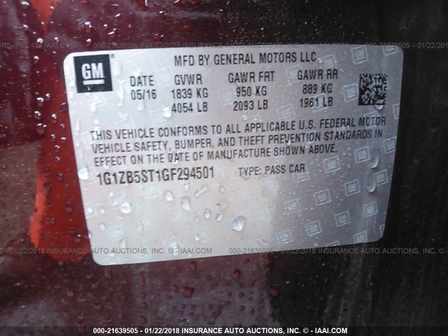 1G1ZB5ST1GF294501 - 2016 CHEVROLET MALIBU LS Bordo foto 9