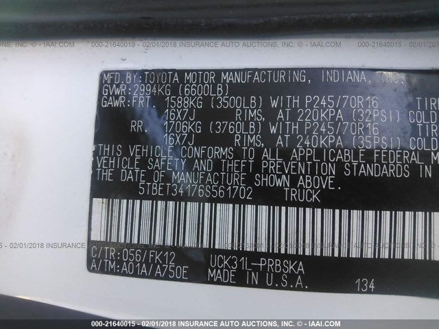 5TBET34176S561702 - 2006 TOYOTA TUNDRA DOUBLE CAB SR5 WHITE photo 9