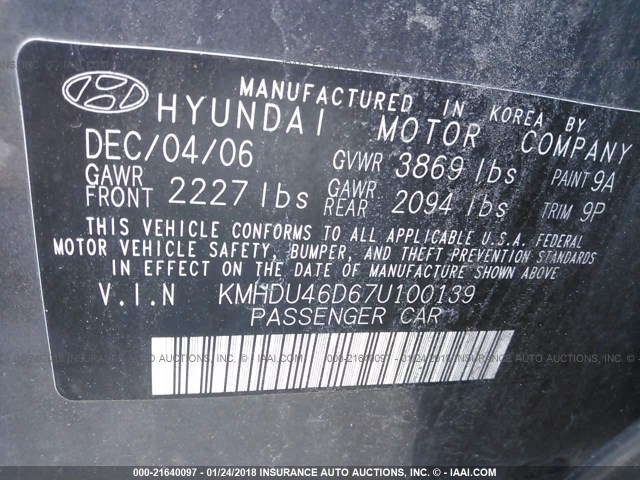 KMHDU46D67U100139 - 2007 HYUNDAI ELANTRA GLS/SE/LIMITED GRAY photo 9