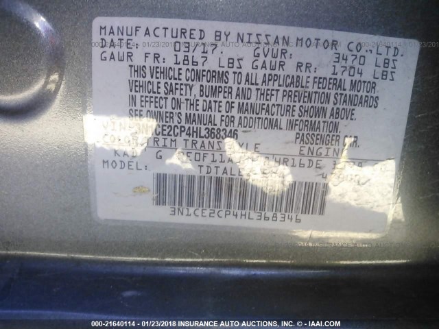 3N1CE2CP4HL368346 - 2017 NISSAN VERSA NOTE S/S PLUS/SV/SL/SR Pewter photo 9