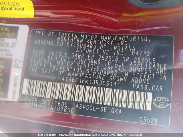 4T4BF1FK1DR305111 - 2013 TOYOTA CAMRY L/SE/LE/XLE 红色 照片 9