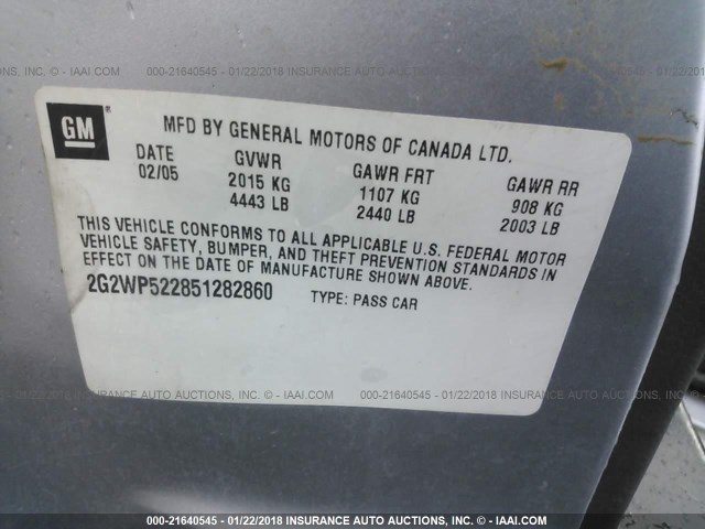 2G2WP522851282860 - 2005 PONTIAC GRAND PRIX SILVER photo 9