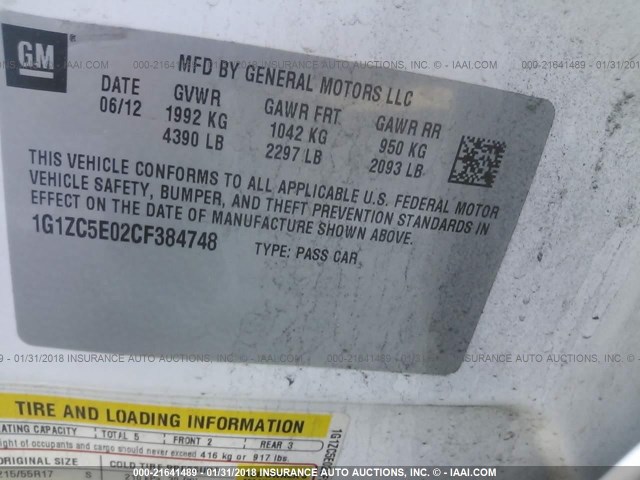 1G1ZC5E02CF384748 - 2012 CHEVROLET MALIBU 1LT 白色 照片 9