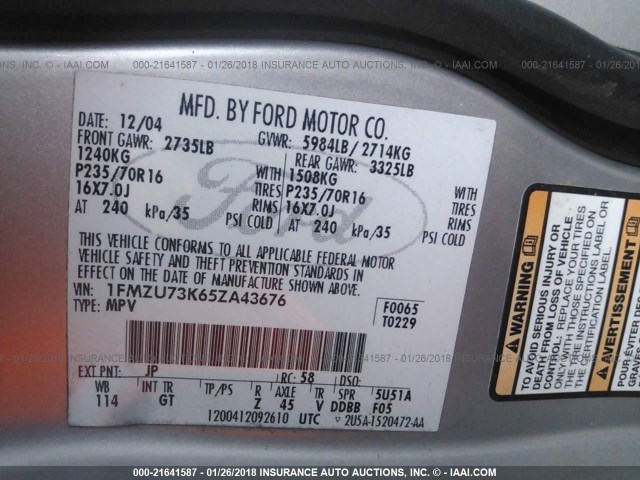 1FMZU73K65ZA43676 - 2005 FORD EXPLORER XLT/XLT SPORT/NBX 银色 照片 9