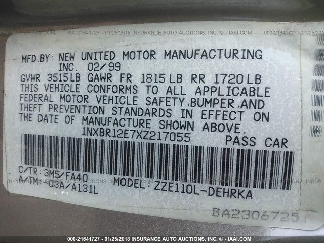 1NXBR12E7XZ217055 - 1999 TOYOTA COROLLA VE/CE/LE 金色 照片 9