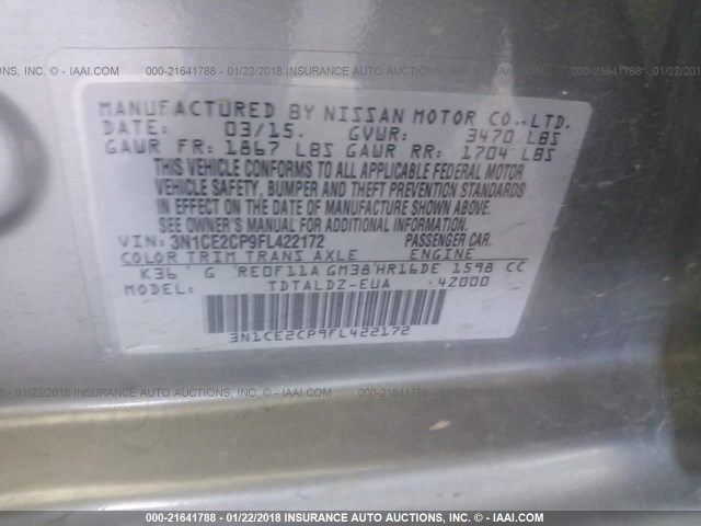 3N1CE2CP9FL422172 - 2015 NISSAN VERSA NOTE S/S PLUS/SV/SL/SR GRAY photo 9