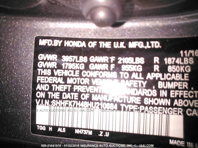 SHHFK7H48HU210684 - 2017 HONDA CIVIC SPORT 灰色 照片 9