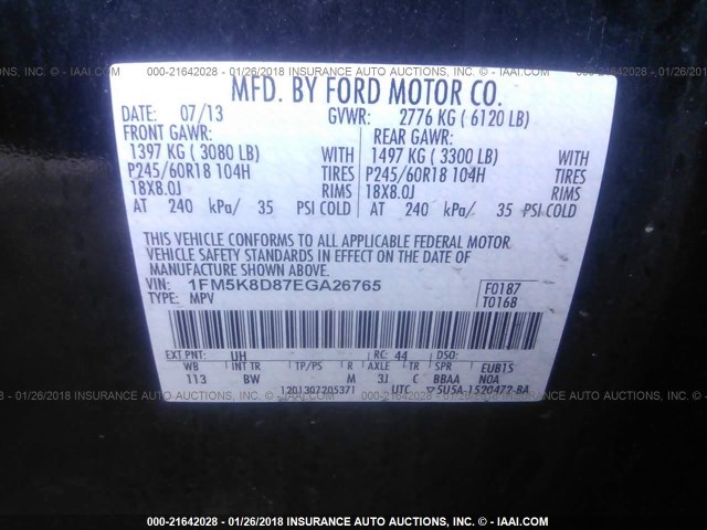 1FM5K8D87EGA26765 - 2014 FORD EXPLORER XLT BLACK photo 9