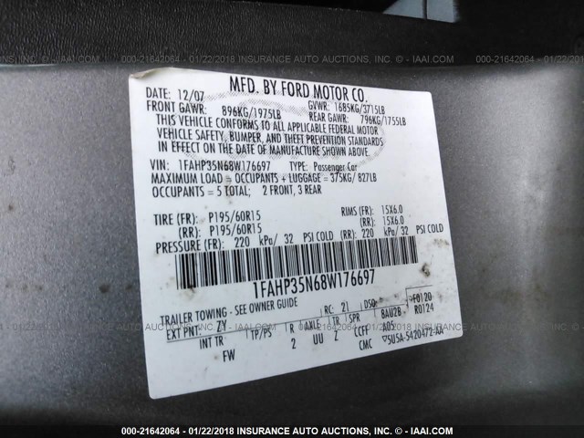 1FAHP35N68W176697 - 2008 FORD FOCUS SE/SEL/SES SILVER photo 9