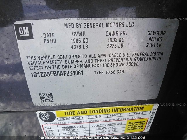 1G1ZB5EB0AF264061 - 2010 CHEVROLET MALIBU LS Сұр фото 9