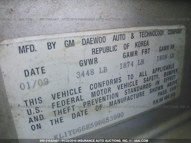 KL1TD66E59B653990 - 2009 CHEVROLET AVEO LS/LT 银色 照片 9