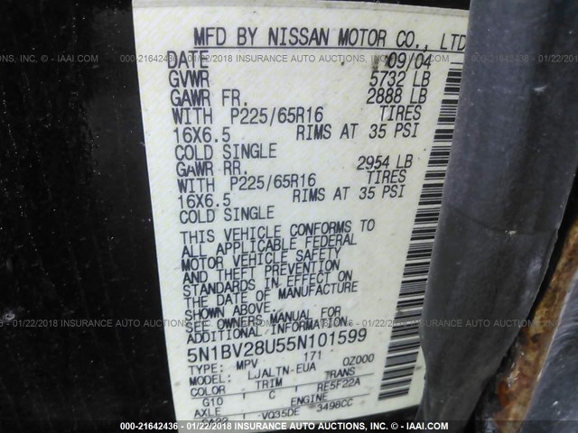 5N1BV28U55N101599 - 2005 NISSAN QUEST S/SE/SL GRAY photo 9