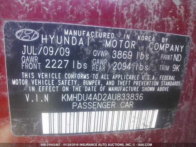 KMHDU4AD2AU833836 - 2010 HYUNDAI ELANTRA BLUE/GLS/SE RED photo 9