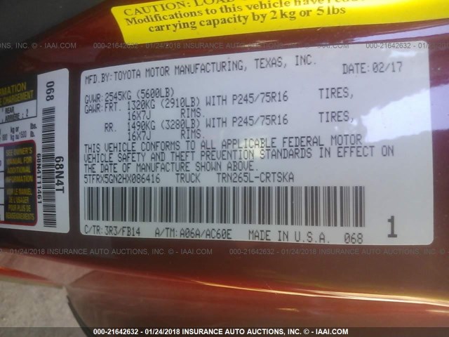 5TFRX5GN2HX086416 - 2017 TOYOTA TACOMA ACCESS CAB/SR/SR5 红色 照片 9