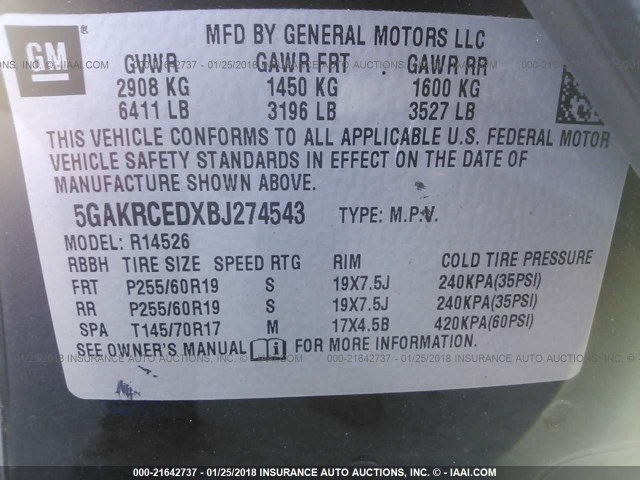 5GAKRCEDXBJ274543 - 2011 BUICK ENCLAVE CXL GRAY photo 9