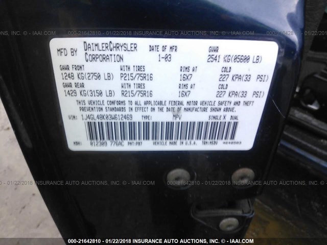 1J4GL48K03W612469 - 2003 JEEP LIBERTY SPORT/FREEDOM ლურჯი ფოტო 9