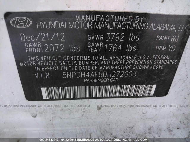 5NPDH4AE9DH272003 - 2013 HYUNDAI ELANTRA GLS/LIMITED WHITE photo 9