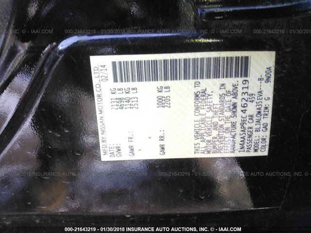 1N4AA5AP9EC462319 - 2014 NISSAN MAXIMA S/SV BLACK photo 9