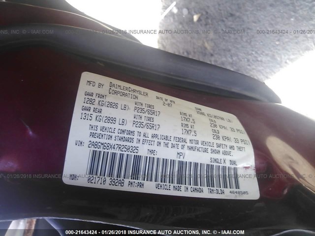 2A8GM68X47R250325 - 2007 CHRYSLER PACIFICA TOURING RED photo 9