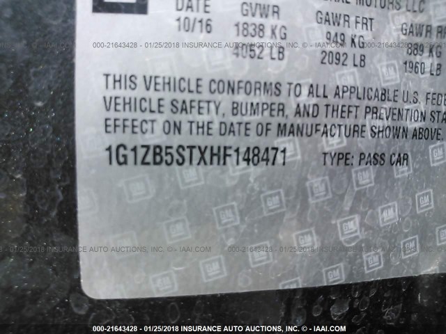 1G1ZB5STXHF148471 - 2017 CHEVROLET MALIBU LS ნაცრისფერი ფოტო 9