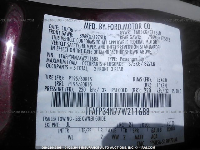 1FAFP34N77W211688 - 2007 FORD FOCUS ZX4/S/SE/SES 勃艮第红 照片 9