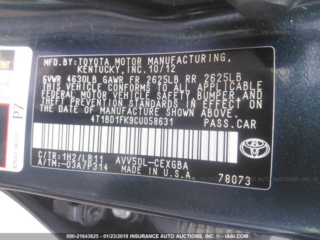 4T1BD1FK9CU058631 - 2012 TOYOTA CAMRY HYBRID/LE/XLE 蓝色 照片 9