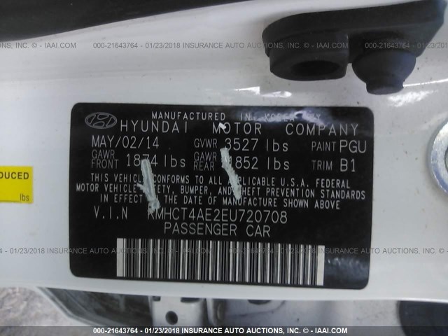 KMHCT4AE2EU720708 - 2014 HYUNDAI ACCENT GLS/GS WHITE photo 9