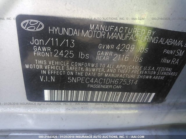 5NPEC4AC1DH675314 - 2013 HYUNDAI SONATA SE/LIMITED SILVER photo 9