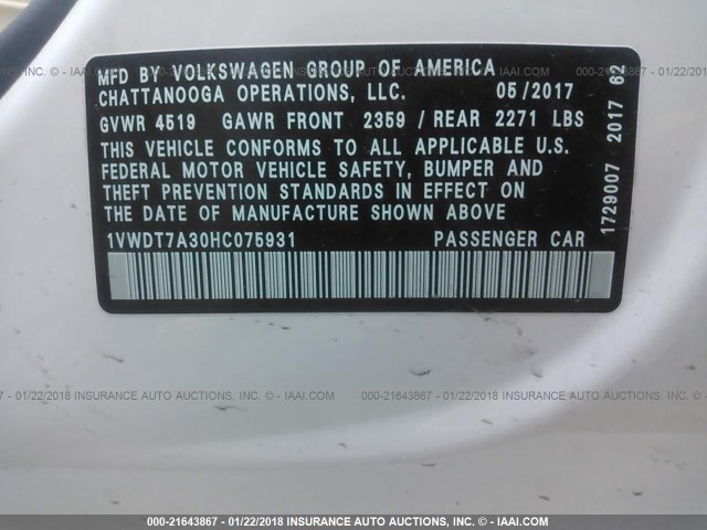 1VWDT7A30HC075931 - 2017 VOLKSWAGEN PASSAT R-LINE Ağ foto 9