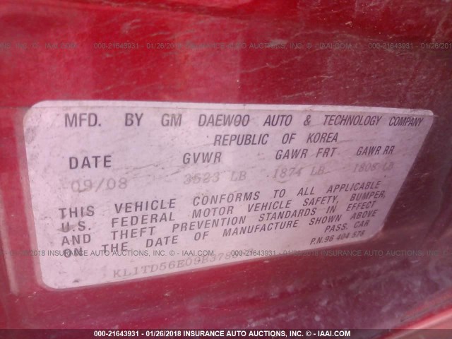 KL1TD56E09B378863 - 2009 CHEVROLET AVEO LS/LT RED photo 9