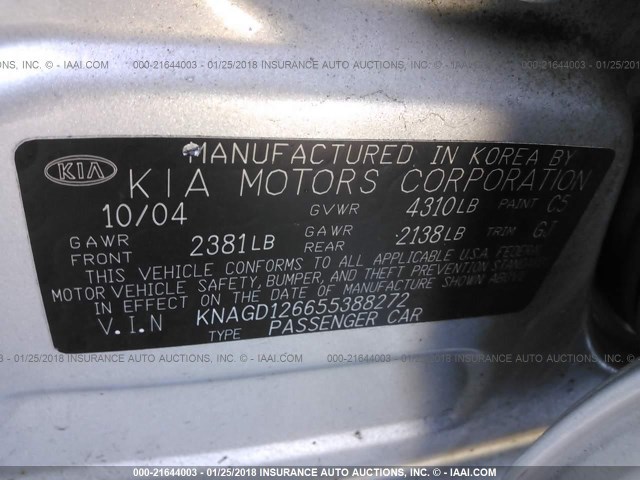 KNAGD126655388272 - 2005 KIA OPTIMA LX/EX SILVER photo 9