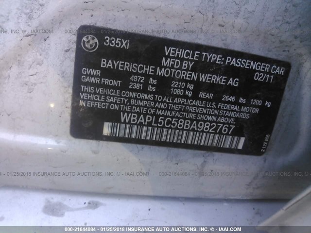 WBAPL5C58BA982767 - 2011 BMW 335 XI SILVER photo 9