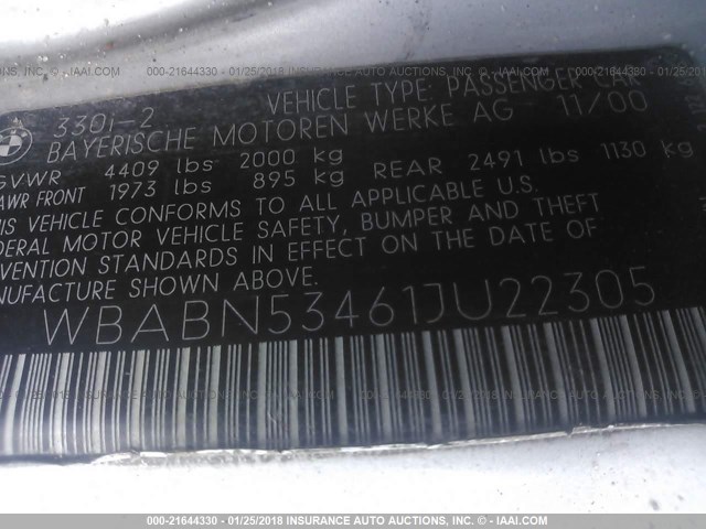 WBABN53461JU22305 - 2001 BMW 330 CI SILVER photo 9