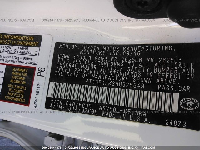 4T1BF1FK3HU325649 - 2017 TOYOTA CAMRY LE/XLE/SE/XSE WHITE photo 9