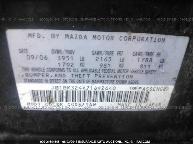 JM1BK324X71642640 - 2007 MAZDA 3 S BLACK photo 9