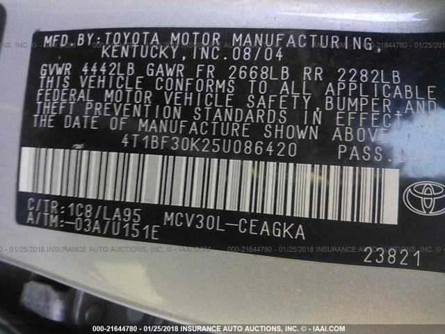 4T1BF30K25U086420 - 2005 TOYOTA CAMRY LE/XLE/SE 银色 照片 9