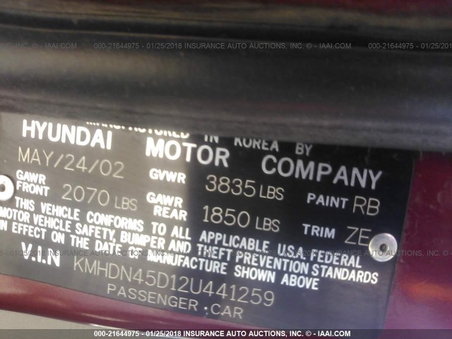 KMHDN45D12U441259 - 2002 HYUNDAI ELANTRA GLS/GT MAROON photo 9