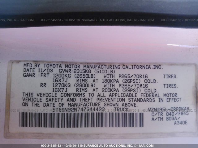 5TESN92N74Z344423 - 2004 TOYOTA TACOMA XTRACAB PRERUNNER თეთრი ფოტო 9