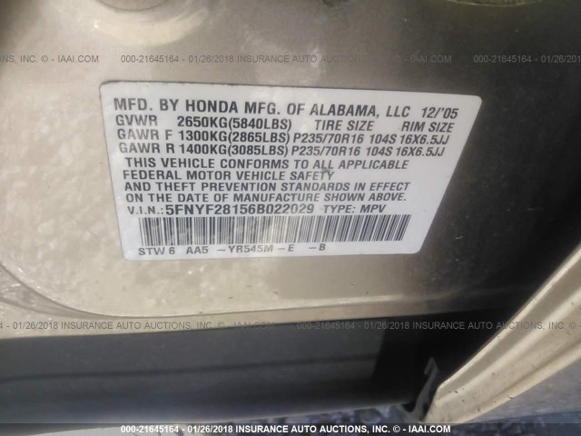 5FNYF28156B022029 - 2006 HONDA PILOT LX GOLD photo 9