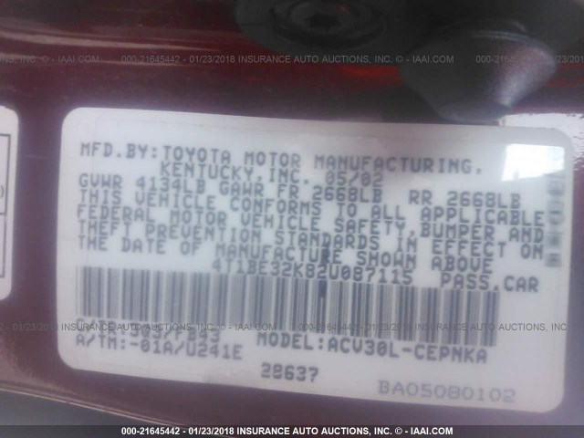 4T1BE32K82U087115 - 2002 TOYOTA CAMRY LE/XLE/SE RED photo 9