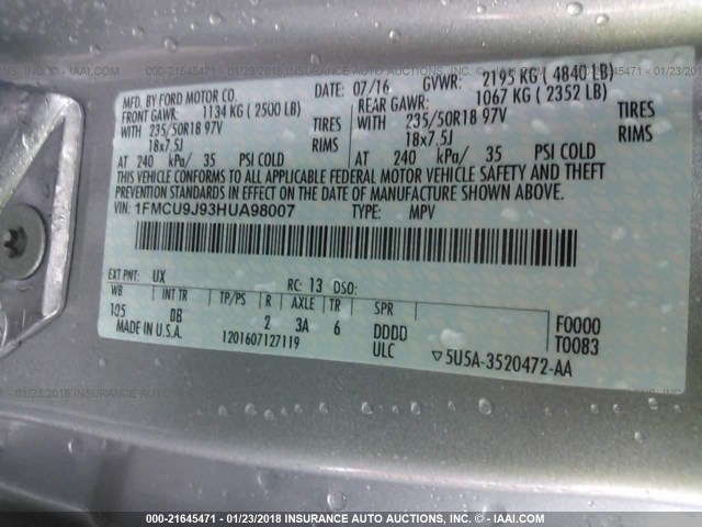 1FMCU9J93HUA98007 - 2017 FORD ESCAPE TITANIUM SILVER photo 9