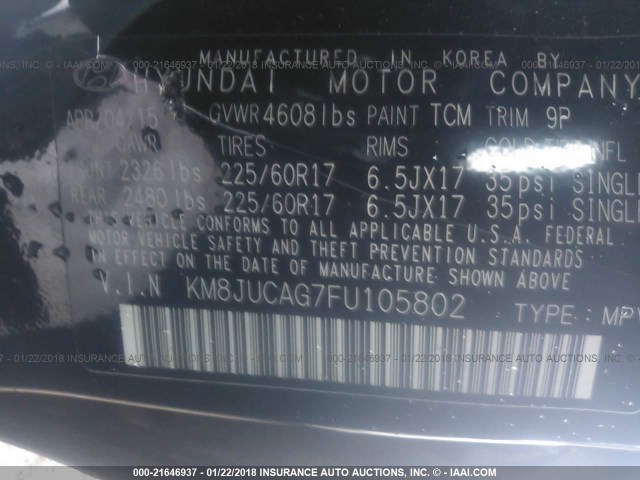 KM8JUCAG7FU105802 - 2015 HYUNDAI TUCSON LIMITED/SE BLACK photo 9