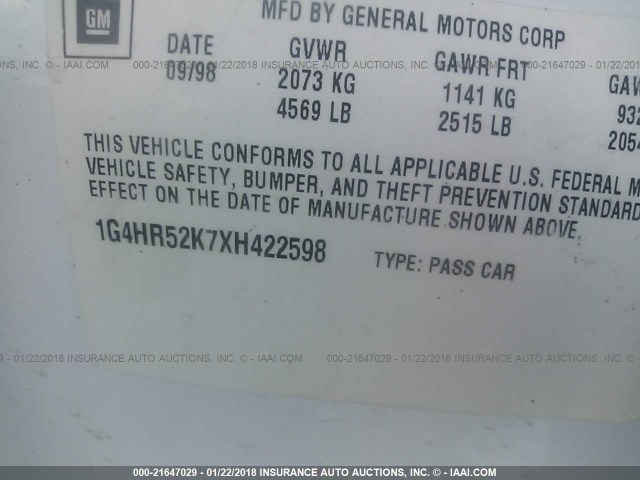 1G4HR52K7XH422598 - 1999 BUICK LESABRE LIMITED WHITE photo 9